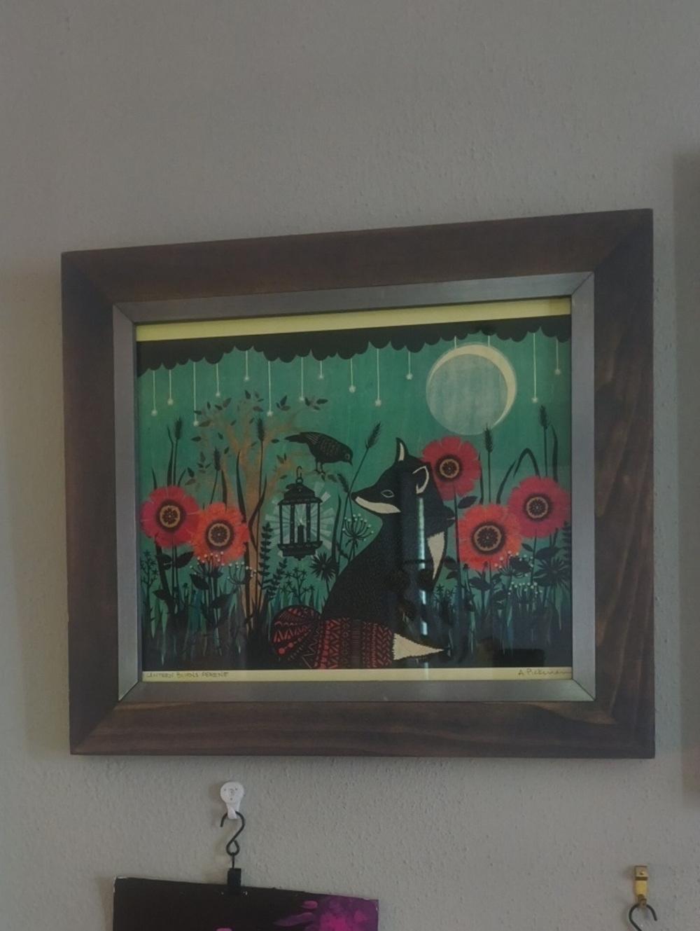 Wood-Framed Fox Art Print with Teal & Coral Floral Scene